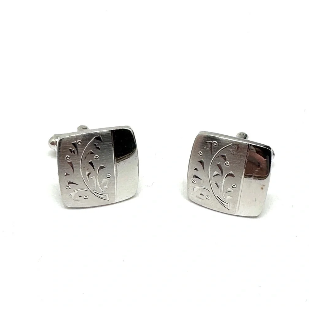 Vintage Hayward Polished Silver Floral Square Cufflinks - Men's Accessories